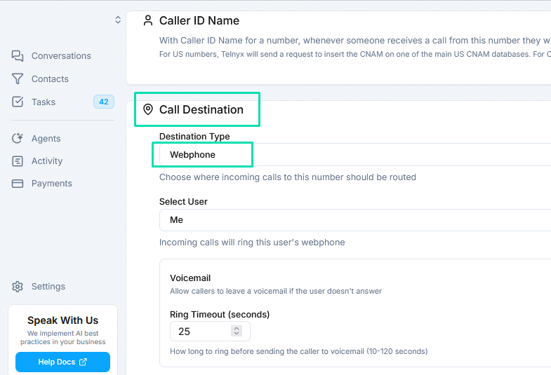 Call Destination Options-Web Phone